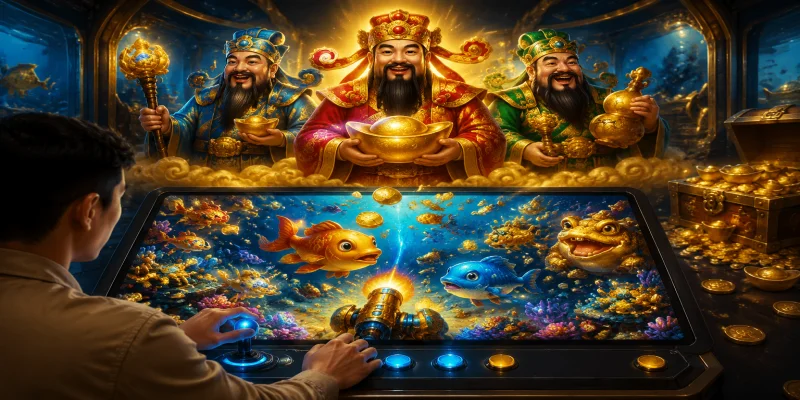 Giao diện phòng chơi Phát Tài với sự xuất hiện của ba vị thần mang lại hũ thưởng lớn