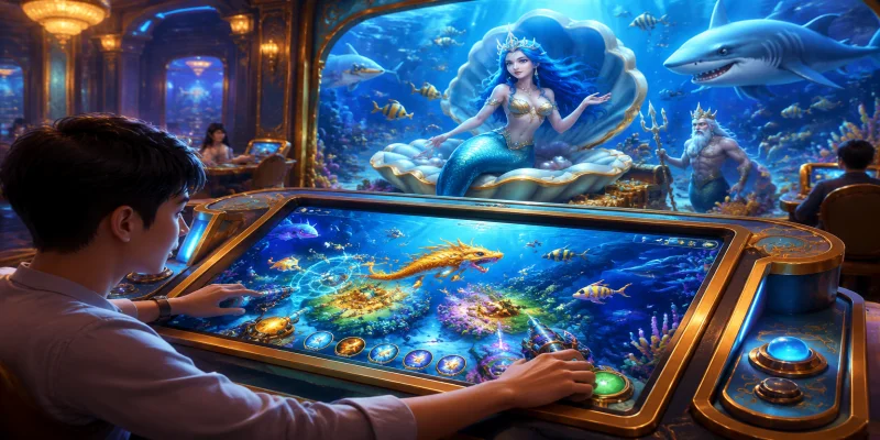 Giao diện sảnh game bắn cá nhân ngư với đồ họa sắc nét cùng các tính năng nâng cấp súng hiện đại tại SUN52